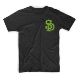 StonerDays men's black cotton t-shirt with green leafy SD logo, front view on white background
