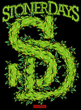StonerDays men's cotton t-shirt with green leafy SD logo on a black background