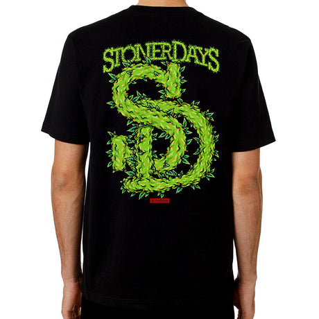 StonerDays men's black cotton t-shirt with green leafy SD logo on back