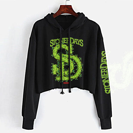 StonerDays black crop top hoodie with green leafy logo, women's sizes S to XL