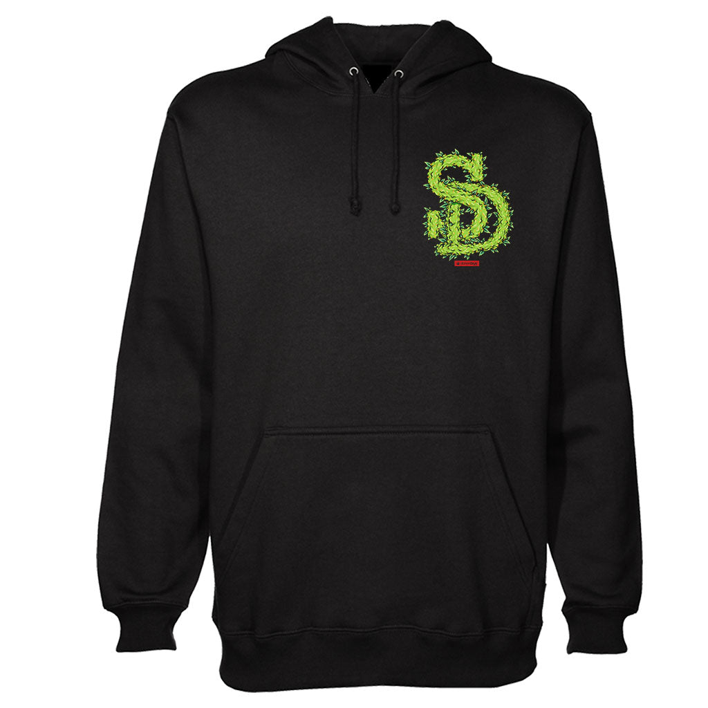 StonerDays Men's Black Hoodie with Leafy Logo Front View on White Background