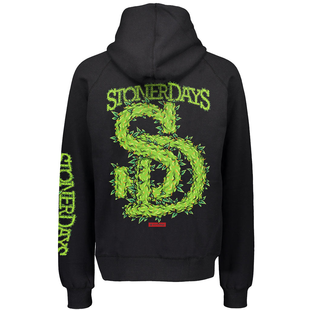 StonerDays Men's Black Hoodie with Leafy Green Logo, Rear View on White Background