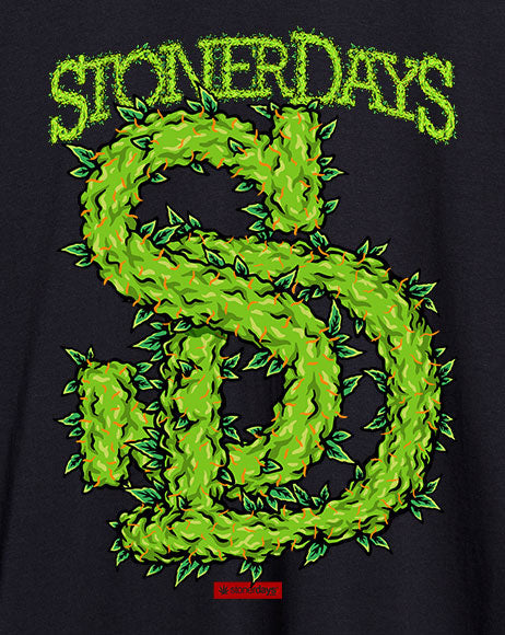 StonerDays Men's Hoodie with Leafy Logo in Green on Black Background, Front View