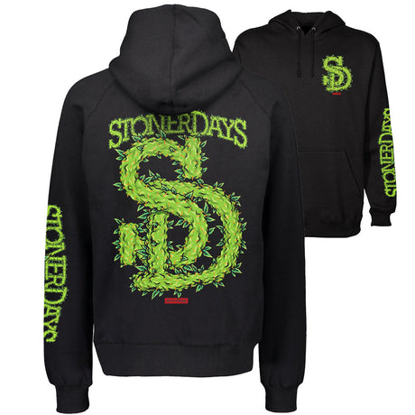 StonerDays Men's Black Hoodie with Leafy Green Logo, Front and Side View, Sizes S-XXXL