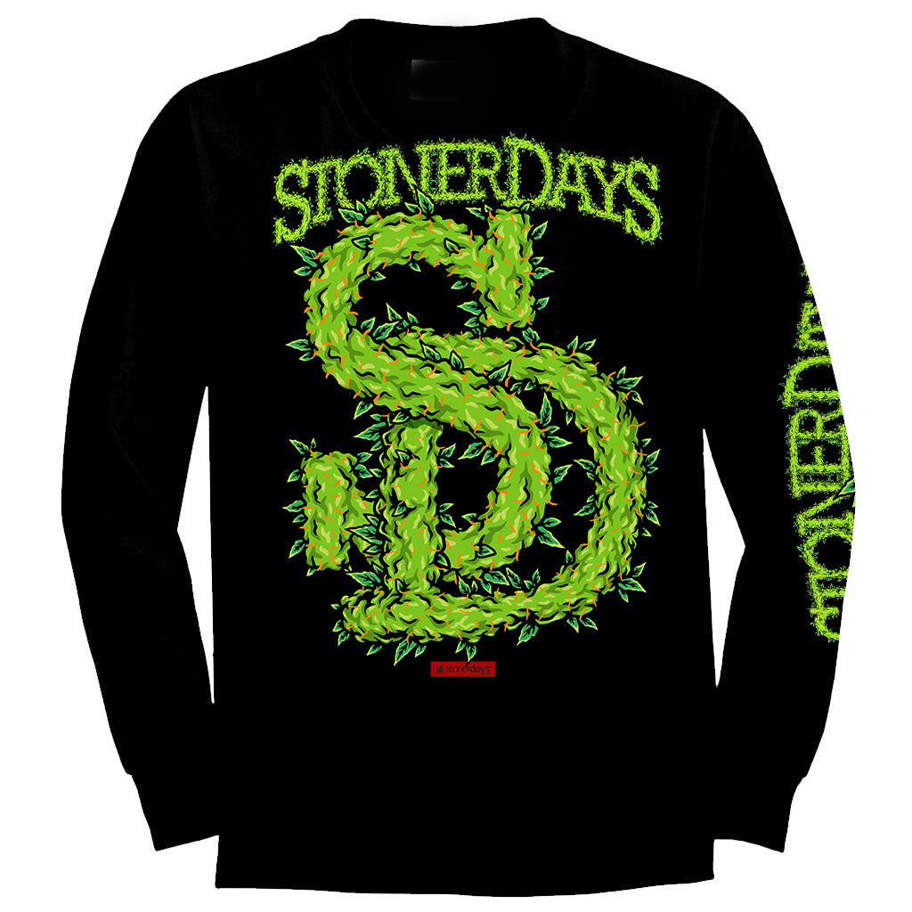 StonerDays black cotton long sleeve with green leafy logo, front view on a white background