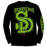 StonerDays black cotton long sleeve with green leafy logo, front view on a white background