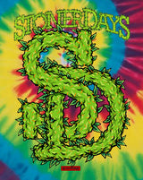 StonerDays SD Leafy Logo on a vibrant tie-dye t-shirt in blue and green tones, front view