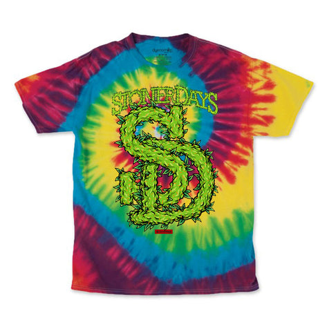 Colorful StonerDays Sd Leafy Logo Tie Dye T-Shirt in blue and green, front view on white background