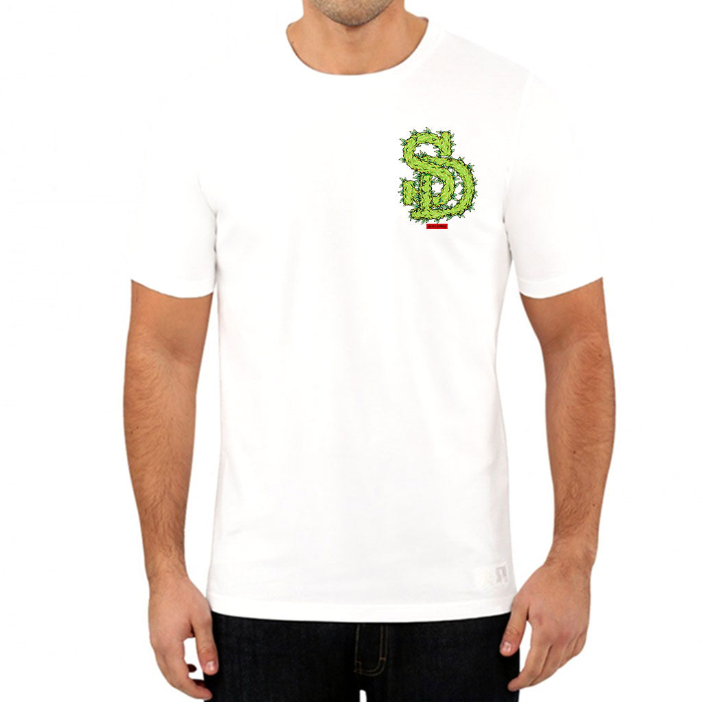 StonerDays Sd Leafy Logo on White Tee, front view on model, green and white design, 100% cotton