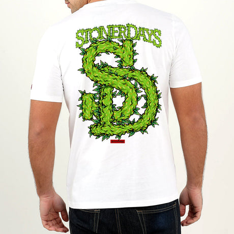 Rear view of StonerDays SD Leafy Logo White Tee with vibrant green graphic