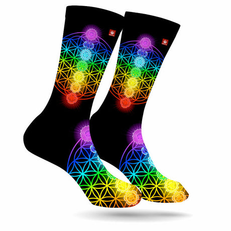 StonerDays Seven Chakras Weed Socks featuring UV Reactive Color Design, front view on white background