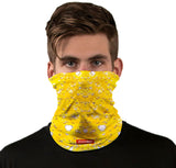 StonerDays Shatter 710 Concentration Neck Gaiter in yellow with cannabis leaf design, worn by a male model