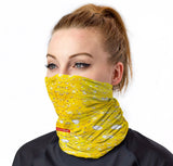 StonerDays Shatter 710 Concentration Neck Gaiter in yellow with pattern, worn by model