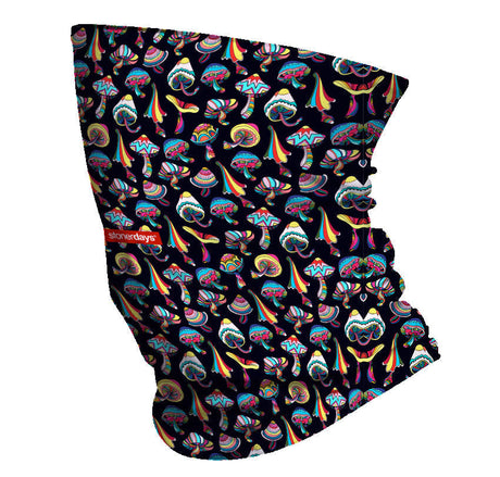 StonerDays Shroomed Og Neck Gaiter featuring psychedelic mushroom design on black polyester fabric