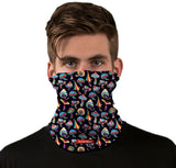 StonerDays Shroomed Og Neck Gaiter with psychedelic mushroom design, front view on male model