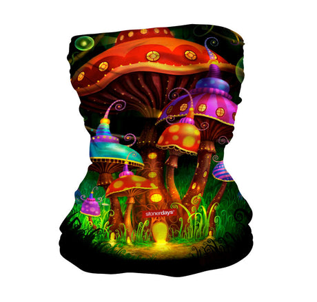 StonerDays Shroomin Neck Gaiter featuring vibrant psychedelic mushroom design on a black background