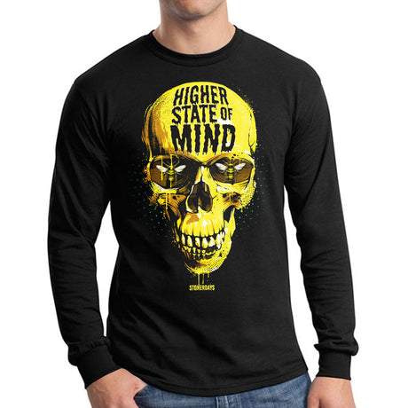 StonerDays men's long sleeve shirt with skull design, 'Higher State of Mind' slogan, front view