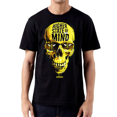 StonerDays men's black t-shirt with 'Higher State of Mind' skull design, sizes S-3XL