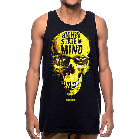 StonerDays men's black tank top with 'Higher State of Mind' skull graphic, front view