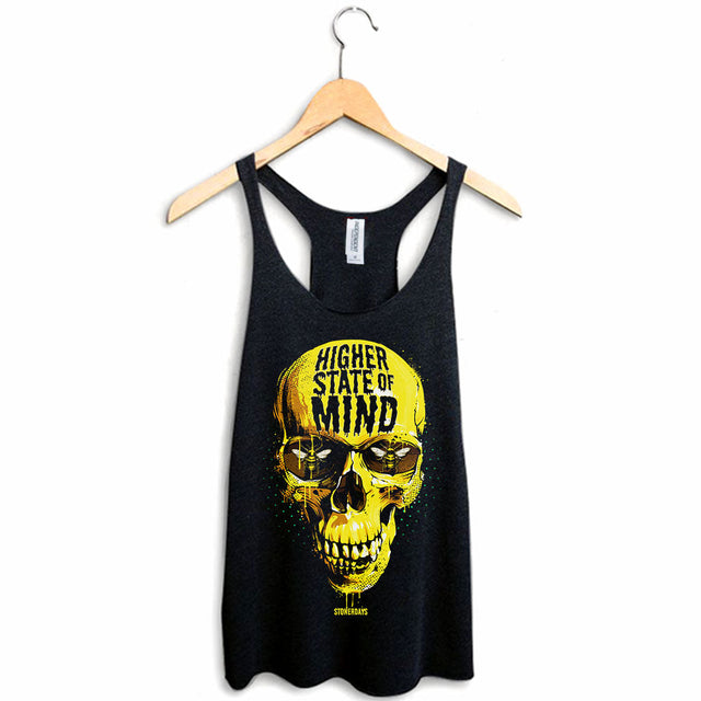 StonerDays Women's Racerback Tank Top with 'Higher State of Mind' Skull Design, Sizes S-XXL