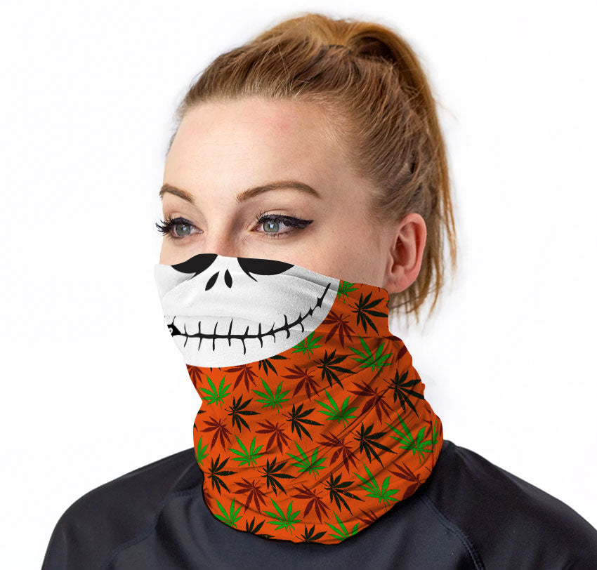 StonerDays Skellington Neck Gaiter featuring a skeleton smile and cannabis leaves, one size fits all