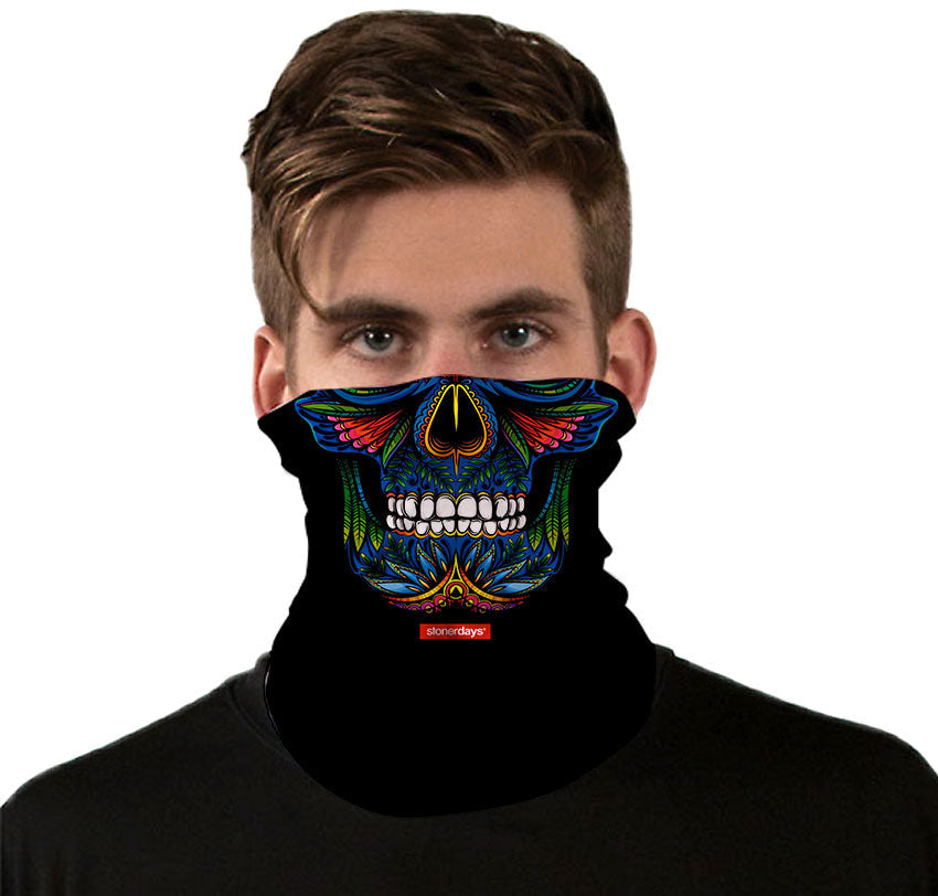 StonerDays vibrant skull art neck gaiter in polyester, front view on male model