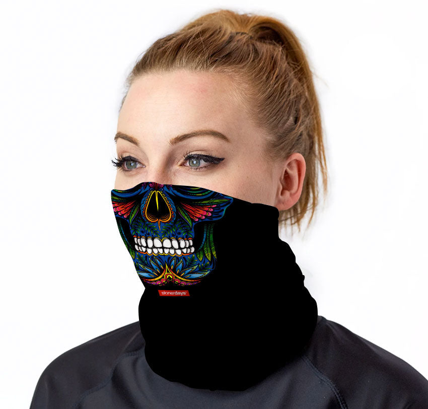 StonerDays Skull Art Of Color Neck Gaiter, vibrant print, front view on model