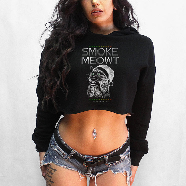 StonerDays Smoke Meowt Crop Top Hoodie, front view on model, black cotton with cat graphic