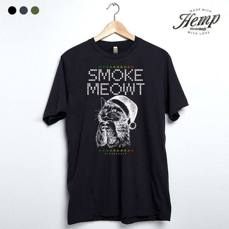 StonerDays Smoke Meowt Hemp Tee in Caviar Black, front view on hanger, made with eco-friendly material