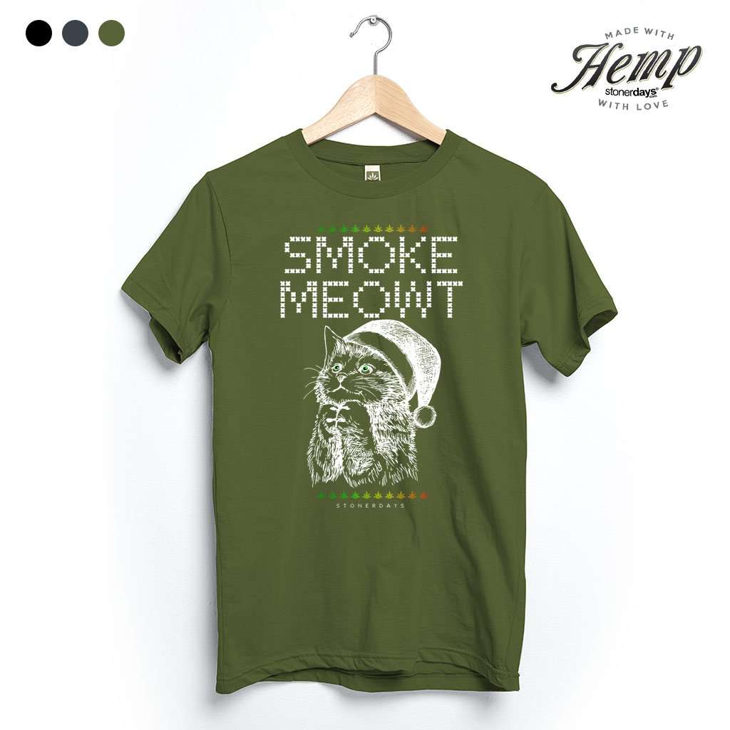 StonerDays Smoke Meowt Hemp Tee in Herb Green, featuring a cat graphic, front view on hanger