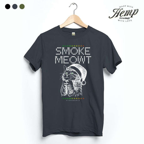 StonerDays Smoke Meowt Hemp Tee in Smoke Grey, featuring a playful cat graphic, front view on hanger