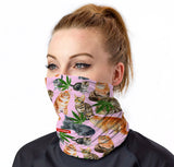 StonerDays Smoke Meowt Neck Gaiter with colorful cat and cannabis leaf design, front view on model