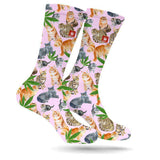 StonerDays Smoke Meowt Socks with cannabis and cat prints, pink color, front view