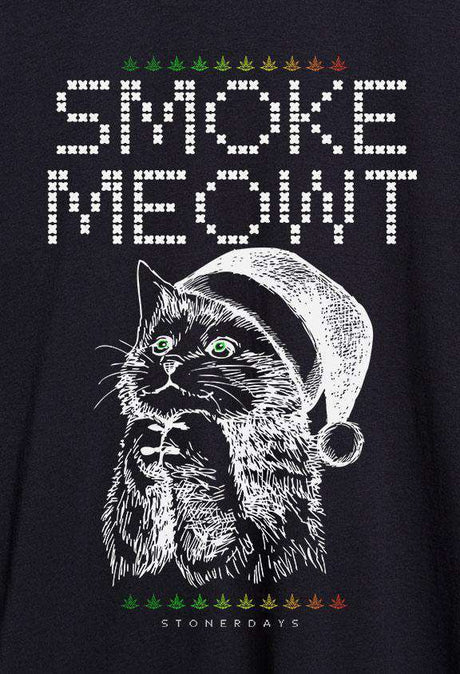 StonerDays Smoke Meowt Ugly Hoodie with festive cat graphic, cotton blend, front view on black