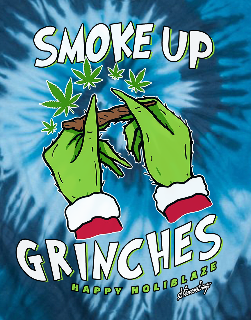 StonerDays Smoke Up Grinches T-Shirt in Blue Tie Dye with Festive Cannabis Design