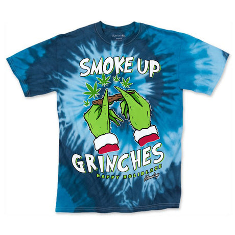 StonerDays Smoke Up Grinches T-Shirt in Blue Tie Dye with Festive Graphic, Front View