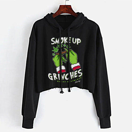 StonerDays Smoke Up Grinches Crop Top Hoodie in black with green print, front view on hanger
