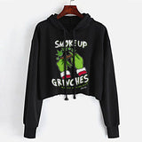 StonerDays Smoke Up Grinches Crop Top Hoodie in black with green print, front view on hanger