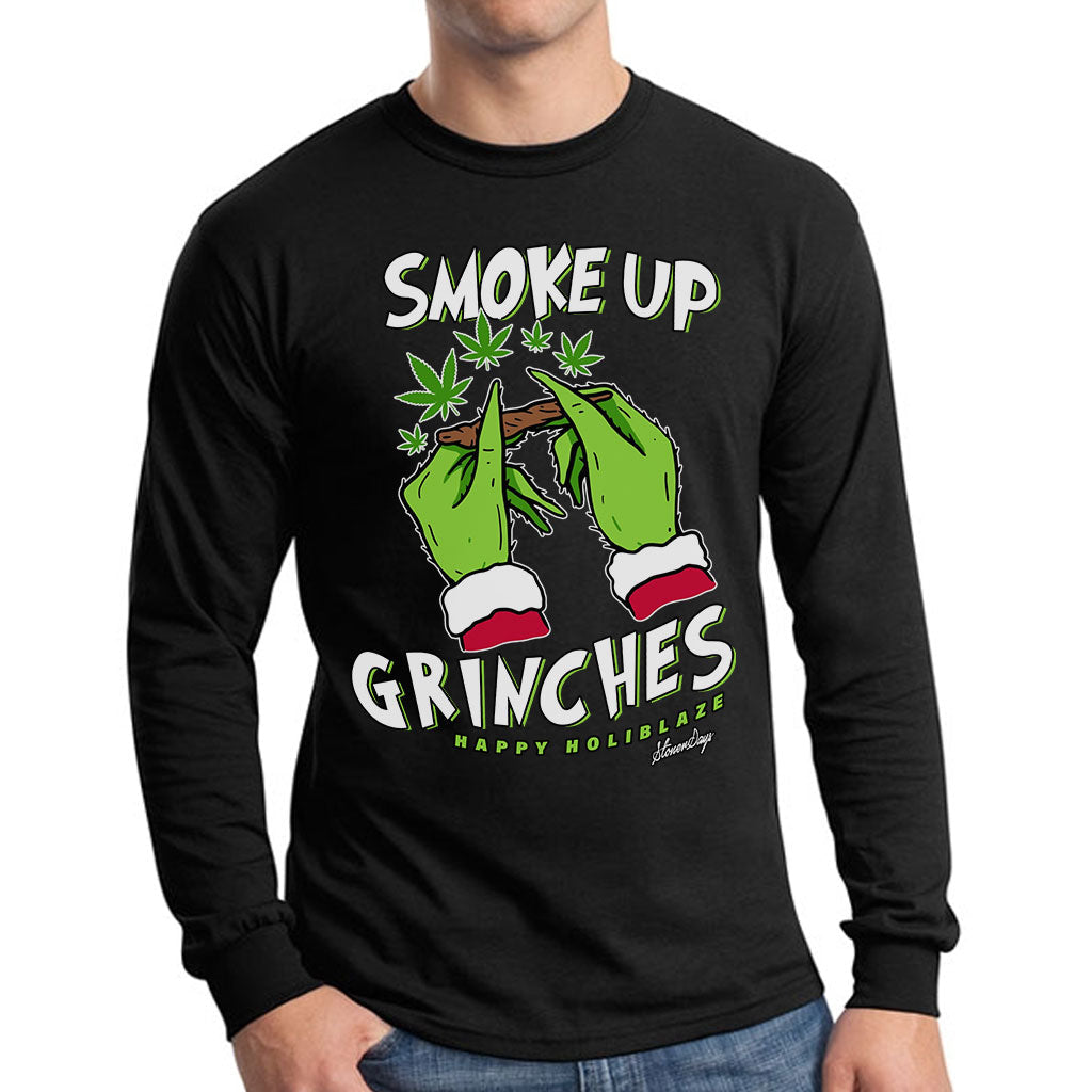StonerDays Smoke Up Grinches long sleeve shirt in green with festive print, front view on a male model