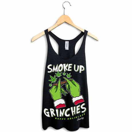 StonerDays Smoke Up Grinches racerback tank top in green with festive print, displayed on hanger