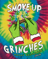 StonerDays Smoke Up Grinches T-shirt in Rainbow Tie Dye with Festive Graphics, Front View