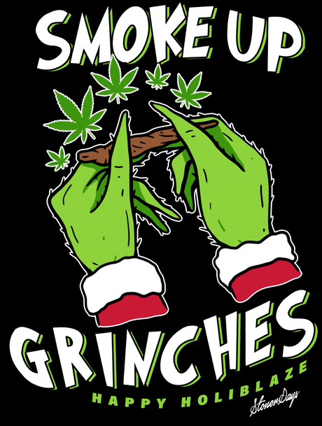 StonerDays Smoke Up Grinches Tee with graphic of hands in Santa gloves holding cannabis