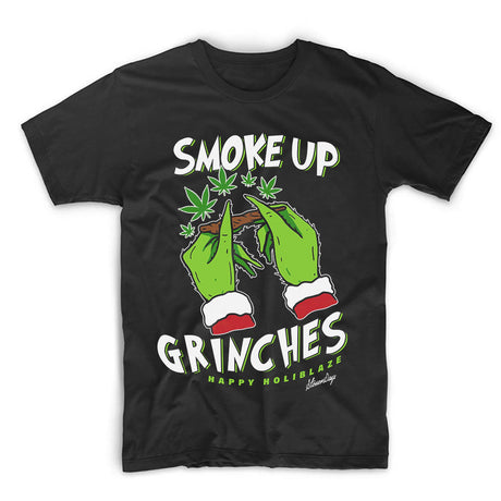 StonerDays Smoke Up Grinches! Tee in black cotton, front view on white background