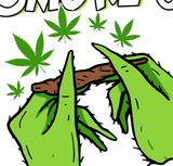 StonerDays Smoke Up Grinches white t-shirt with cannabis leaf graphics, close-up view