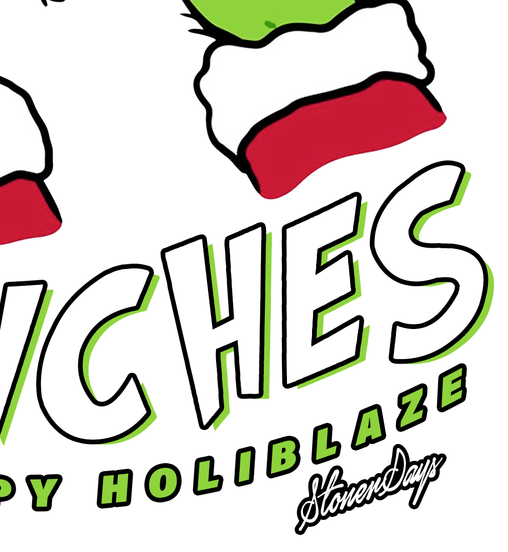 Close-up of StonerDays Smoke Up Grinches! White Cotton Tee with festive graphic