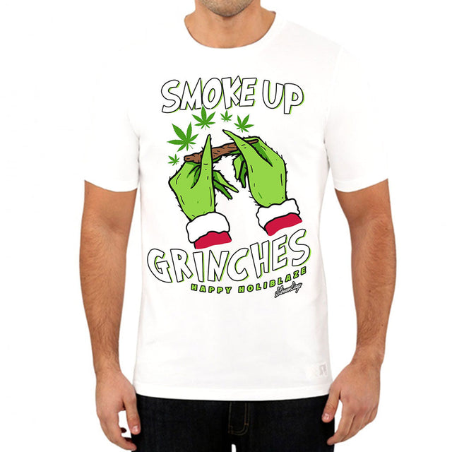 StonerDays Smoke Up Grinches white cotton tee with festive graphic, front view on model
