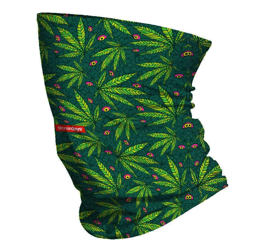 StonerDays Snake Eyes OG Pattern Neck Gaiter in polyester with vibrant green leaf design