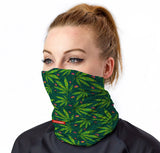 StonerDays Snake Eyes Og Pattern Neck Gaiter with vibrant leaf design, front view on model