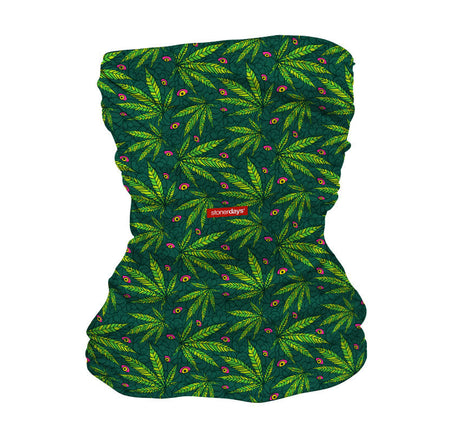 StonerDays Snake Eyes Og Pattern Neck Gaiter featuring vibrant green leaf design, front view on white background.