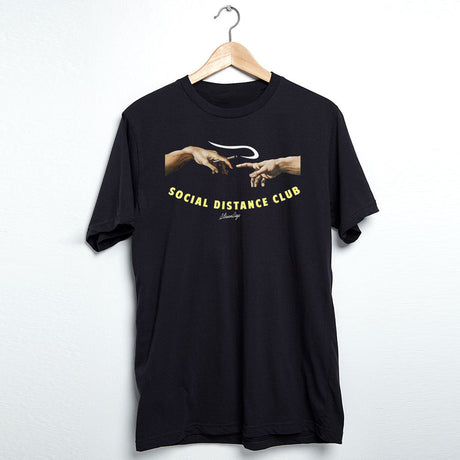 StonerDays Social Distance Club Men's Black T-Shirt with graphic print, front view on hanger